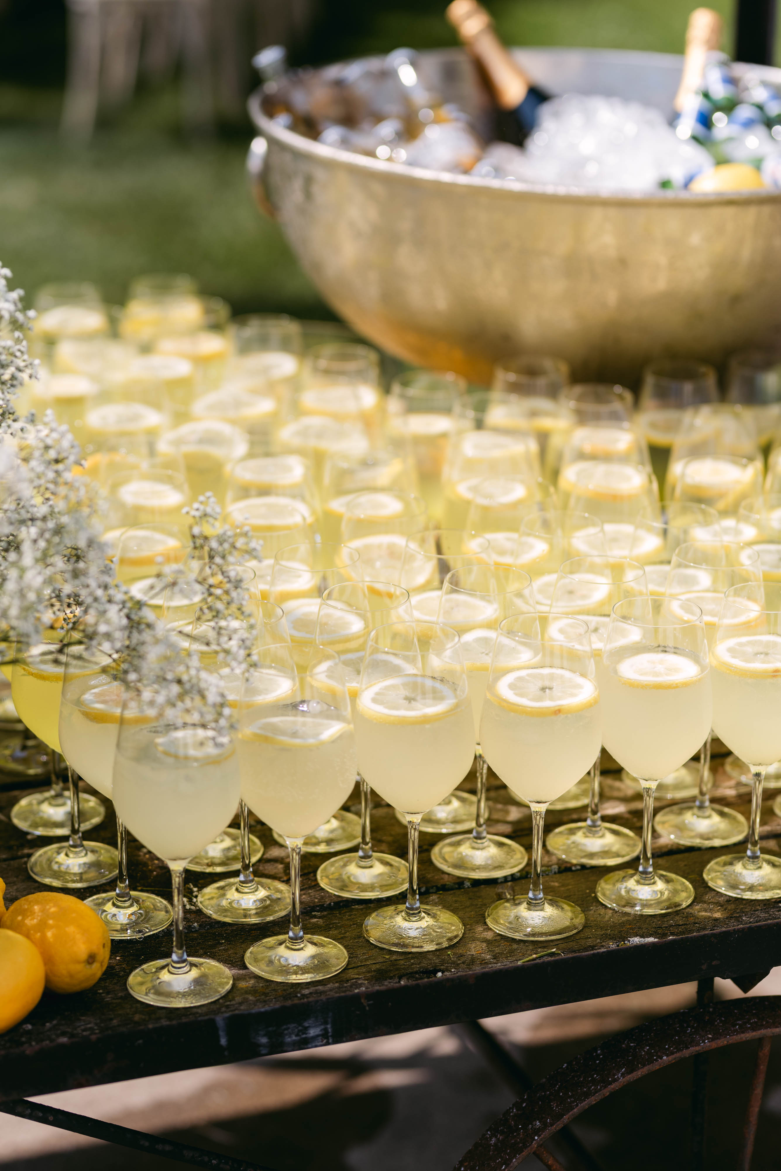 Rows of lemon champagne coupes garnished with citrus slices on a black bistro table at Sorella 1881